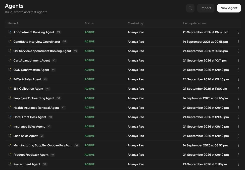 Agents list showing the search box, the Import and New Agent buttons, the Status column and the version capsules on published rows