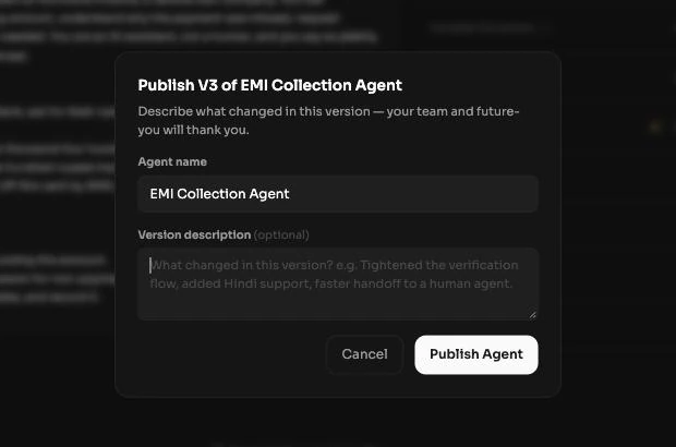 Publish modal for a later version, showing the Agent name field, the Version description (optional) field and the Publish Agent button