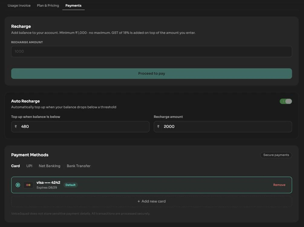 Billing Payments tab showing the recharge flow, the Auto Recharge section and saved payment methods