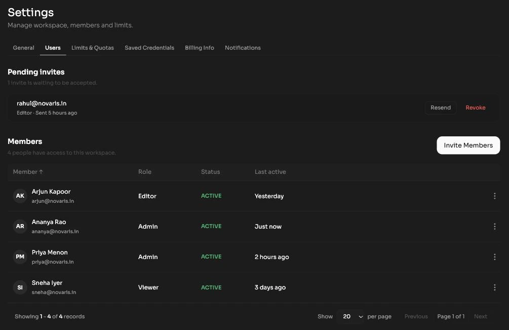 Settings Users tab showing the members list, the role column and the Invite Members button