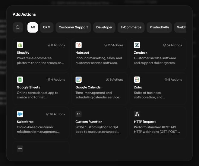 Add Actions panel open over the agent editor, showing the integration catalog filtered by category with the number of actions each integration offers